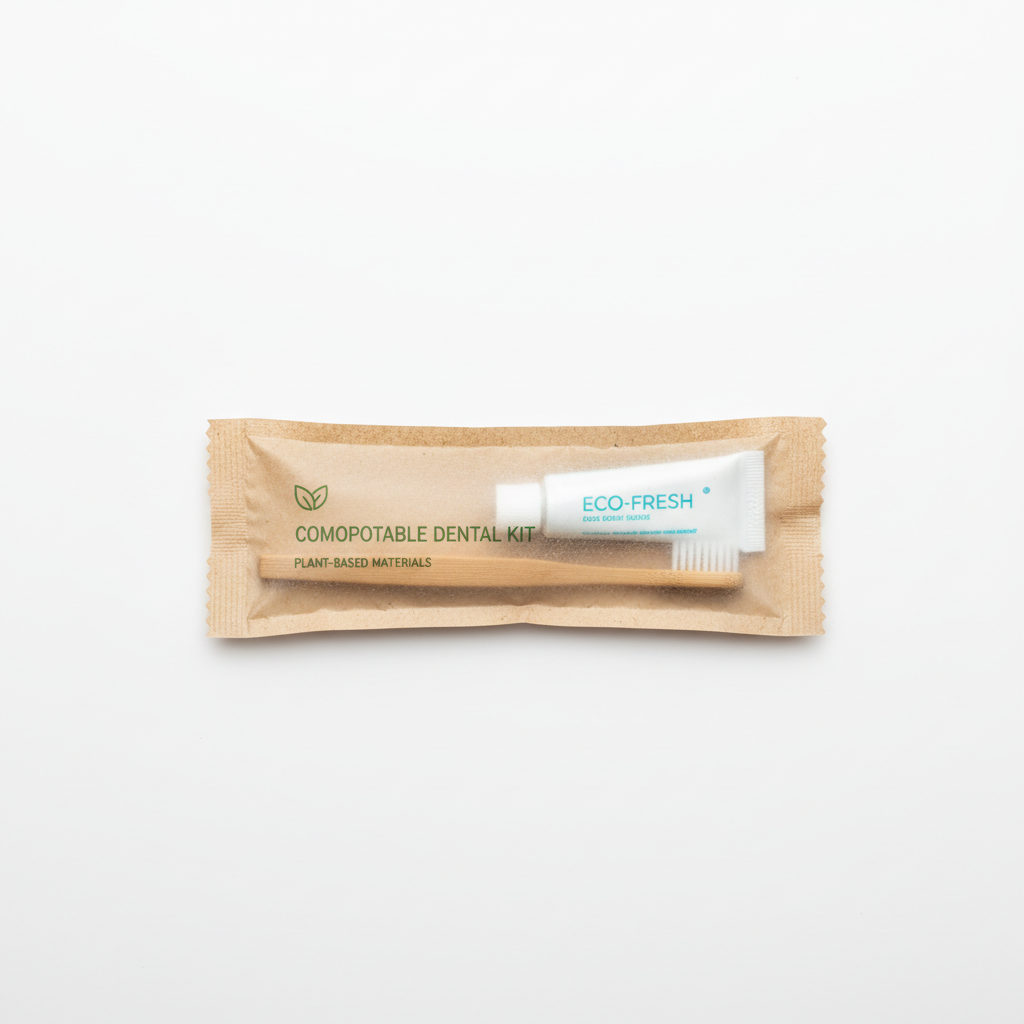 Kit dental desechable para hotel con cepillo y pasta en bolsa compostable